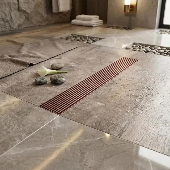 Rigola de dus, pe podea, liniara, din inox, set complet necesar instalarii, Rose-Gold, 57 x 600 mm [4]