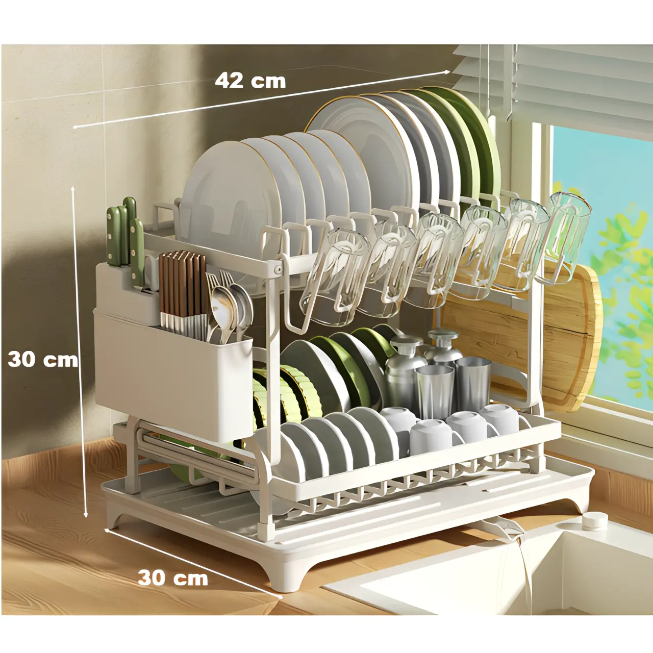 Scurgator de vase metalic, cu 2 niveluri, tava din plastic, accesorii, Alb, 42 x 30 x 30 cm [2]