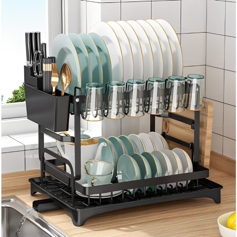 Scurgator de vase metalic, cu 2 niveluri, tava din plastic, accesorii, Negru, 32 x 30 x 42 cm [5]