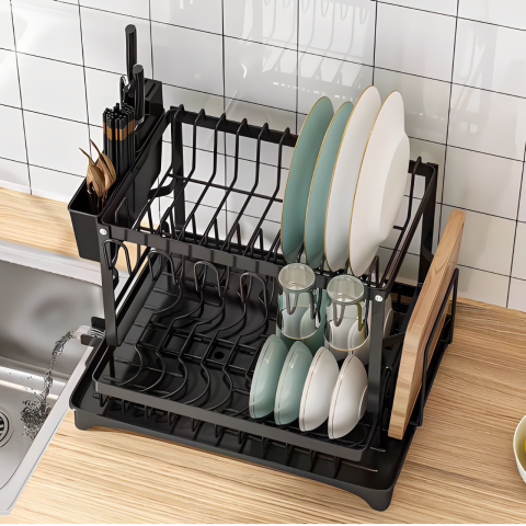 Scurgator de vase metalic, cu 2 niveluri, tava din plastic, accesorii, Negru, 32 x 30 x 42 cm [1]