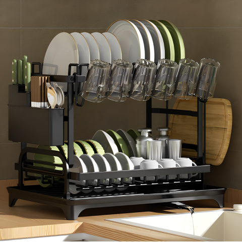 Organizare - Scurgator de vase metalic, cu 2 niveluri, tava din plastic, accesorii, Negru, 32 x 30 x 42 cm