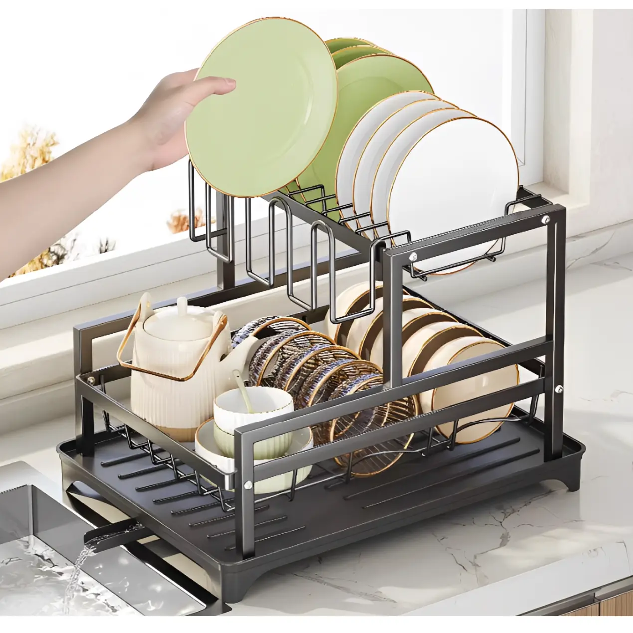 Scurgator de vase metalic, cu 2 niveluri, tava din plastic, accesorii, Negru, 39.5 x 28.5 x 26 cm [3]