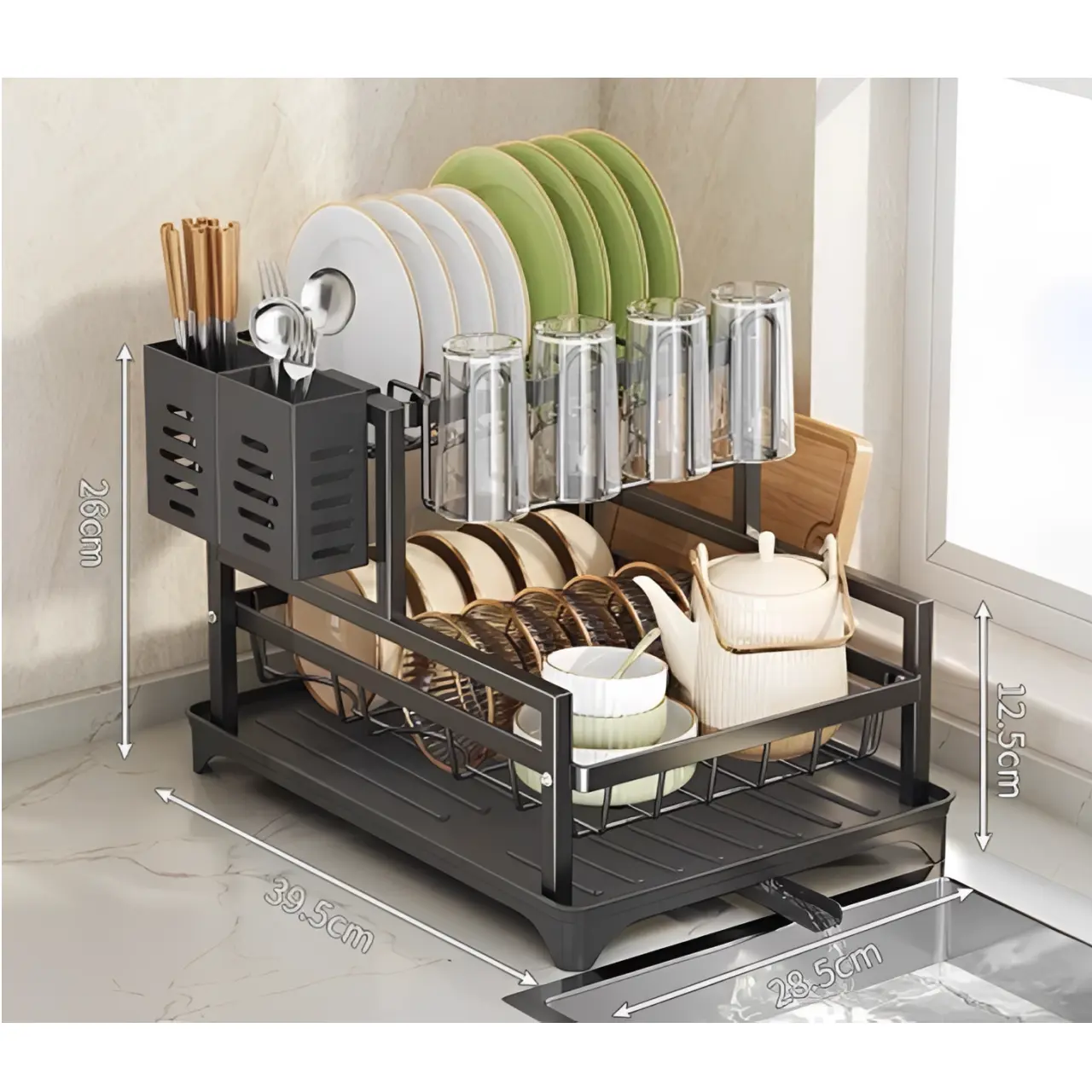 Scurgator de vase metalic, cu 2 niveluri, tava din plastic, accesorii, Negru, 39.5 x 28.5 x 26 cm [2]