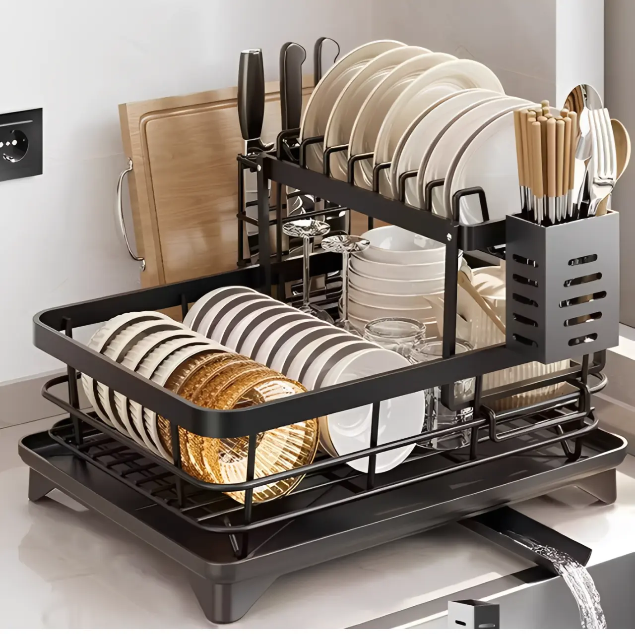 Scurgator de vase metalic, cu 2 niveluri, tava din plastic, accesorii, Negru, 39.5 x 28.5 x 26 cm [5]