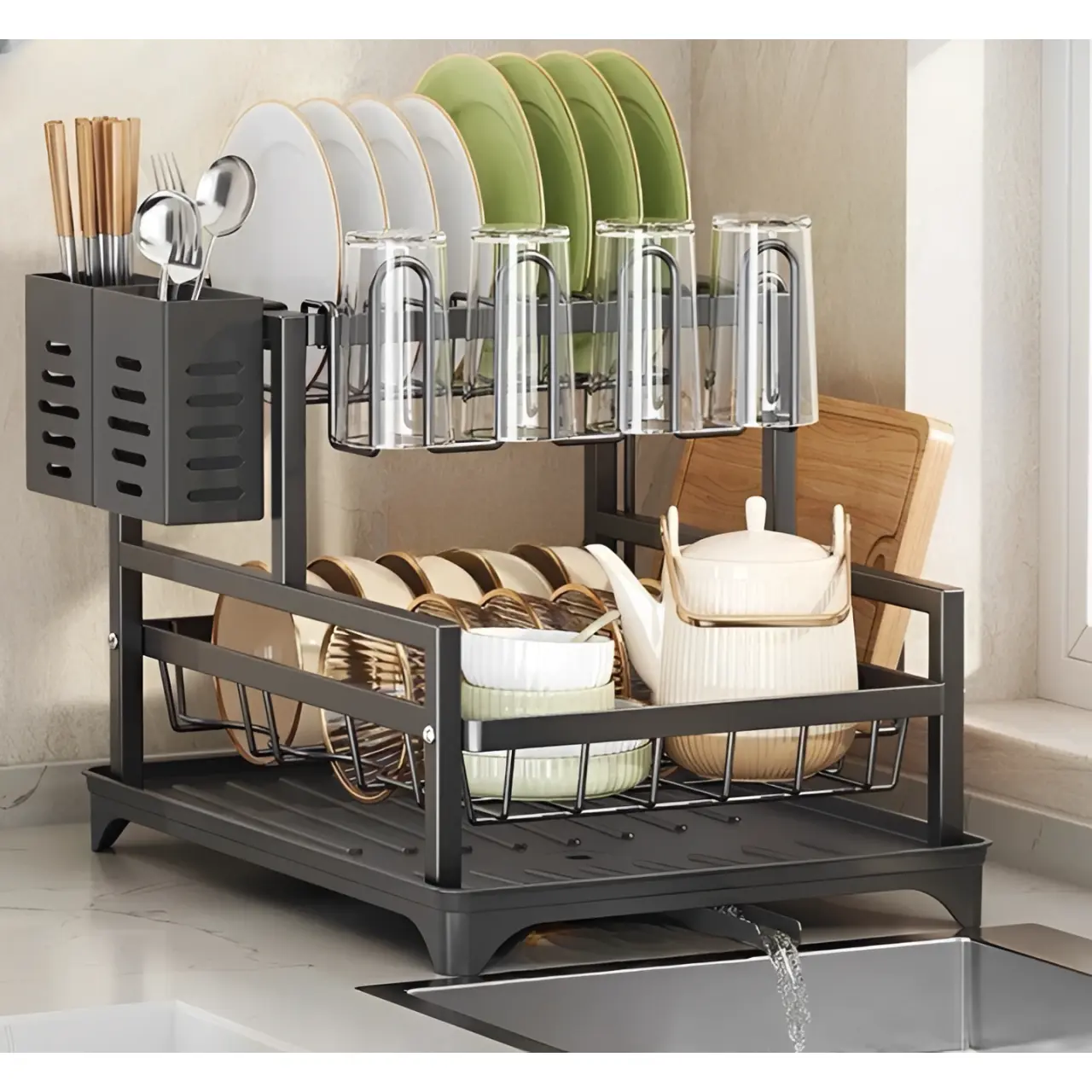 Bucatarie - Scurgator de vase metalic, cu 2 niveluri, tava din plastic, accesorii, Negru, 39.5 x 28.5 x 26 cm