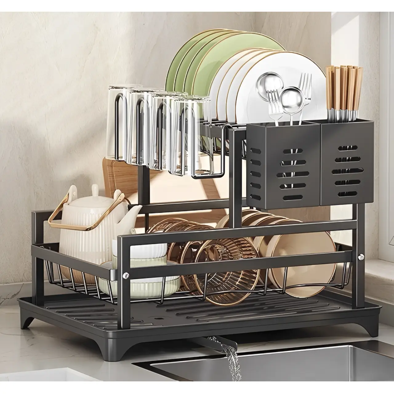 Scurgator de vase metalic, cu 2 niveluri, tava din plastic, accesorii, Negru, 39.5 x 28.5 x 26 cm [1]