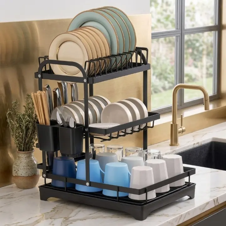 Scurgator de vase metalic, cu 3 niveluri, tava din plastic, accesorii, Negru, 42 x 30 x 47.5 cm [3]