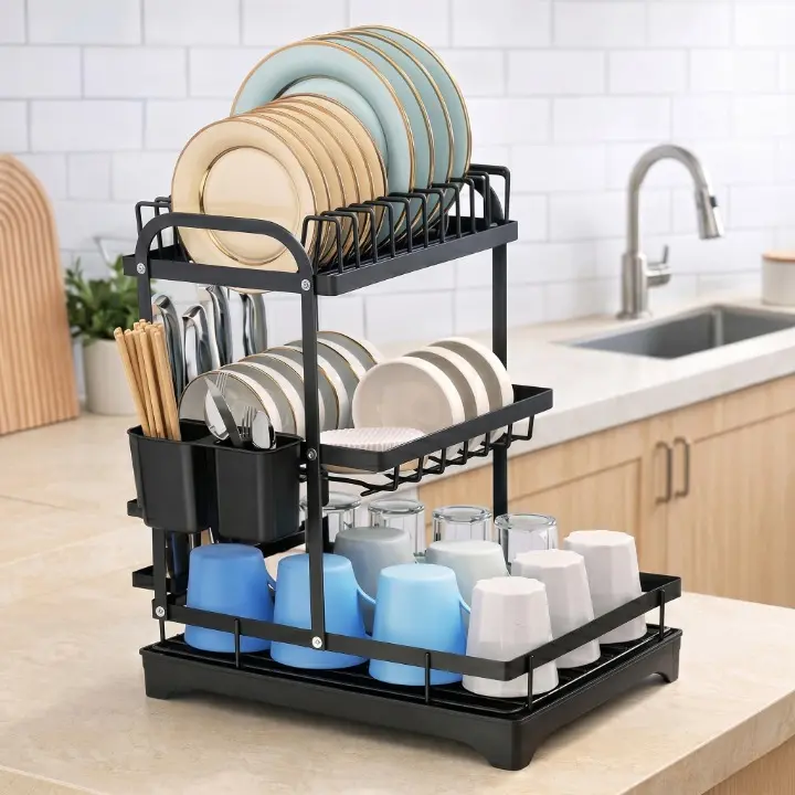 Organizare - Scurgator de vase metalic, cu 3 niveluri, tava din plastic, accesorii, Negru, 42 x 30 x 47.5 cm