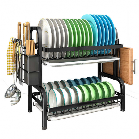 Organizare - Scurgator de vase metalic pe 2 nivele, tavite din plastic, Negru, 41 x 25 x 41 cm