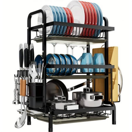 Organizare - Scurgator de vase metalic pe 3 nivele, tavite din plastic, Negru, 42 x 24 x 61 cm