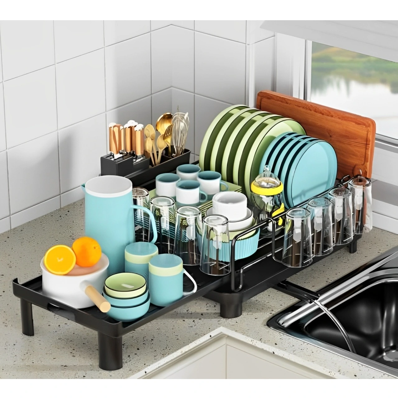 Organizare - Scurgator vase cu suport pentru tocator, extensibil, cu fanta pentru scurgerea apei, Negru, 43-70 x 30 x 20.5 cm