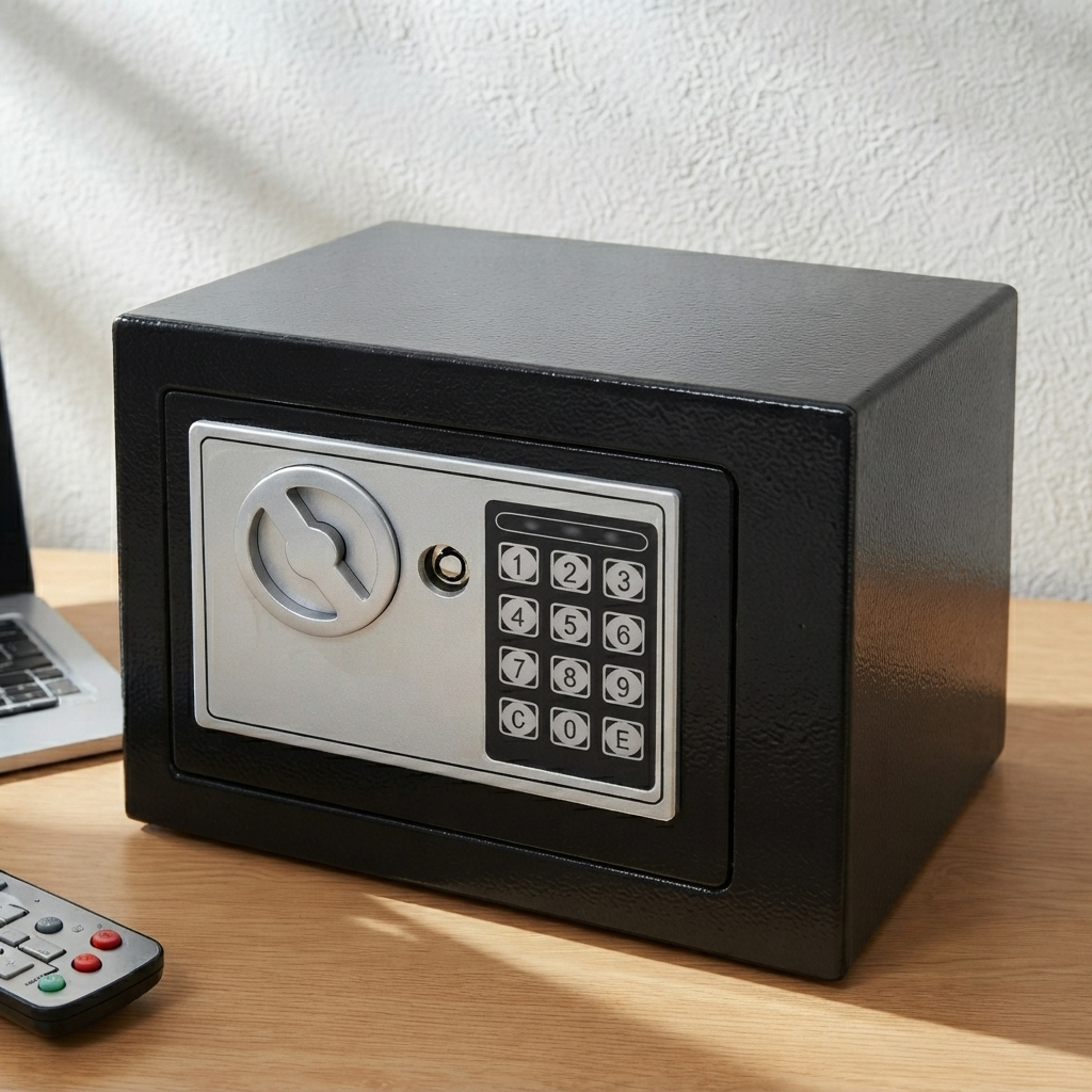 Accesorii - Seif electronic, cu cifru digital, 2 chei, de sine statator sau cu montare pe perete, potrivit pentru documente, bijuterii, bani, diverse obiecte de valoare, Negru, 23 x 17 x 17 cm