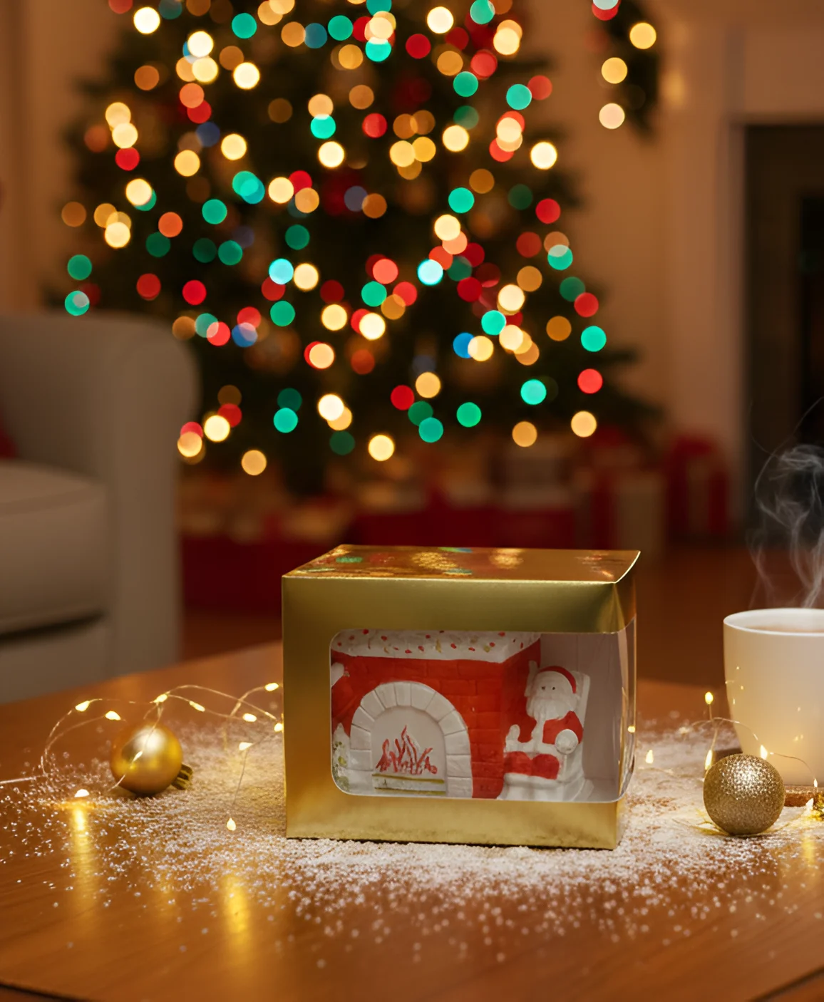 Craciun - Semineu color din ceramica, cu lumanare parfumata in interior, HANDMADE, ceara naturala din soia, fitil din lemn