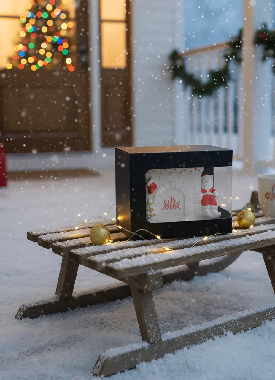 Craciun - Semineu din ceramica, cu lumanare parfumata in interior, HANDMADE, ceara naturala din soia, fitil din lemn