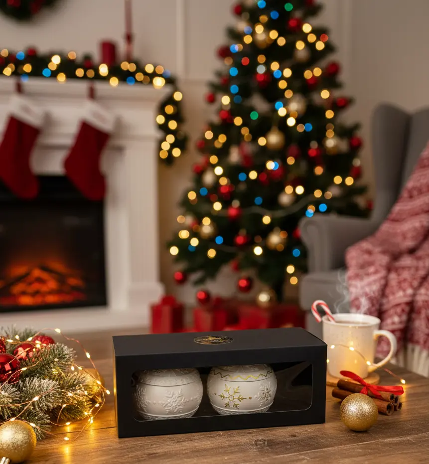 Craciun - Set 2 globuri din ceramica, lumanare parfumata in interior, HANDMADE, ceara naturala din soia, fitil din lemn