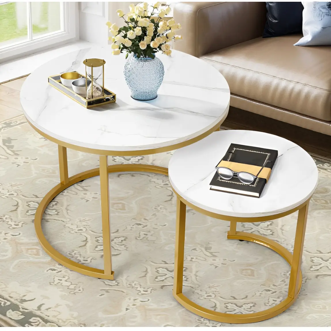 Mobila - Set 2 masute pentru cafea, marimi diferite, structura metalica, blat MDF, model marmura, Auriu/Alb, 70 x 43.5 cm, 50 x 39.5 cm