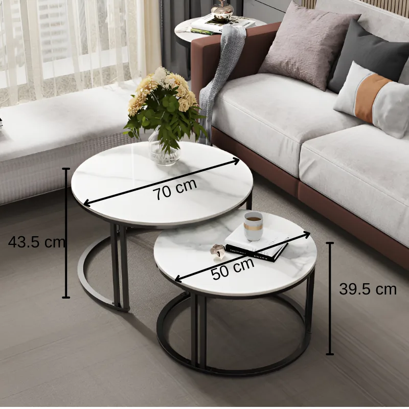 Set 2 masute pentru cafea, marimi diferite, structura metalica, blat MDF, model marmura, Negru/Alb, 70 x 43.5 cm, 50 x 39.5 cm [2]