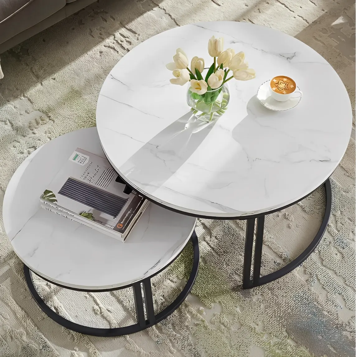 Set 2 masute pentru cafea, marimi diferite, structura metalica, blat MDF, model marmura, Negru/Alb, 70 x 43.5 cm, 50 x 39.5 cm [4]