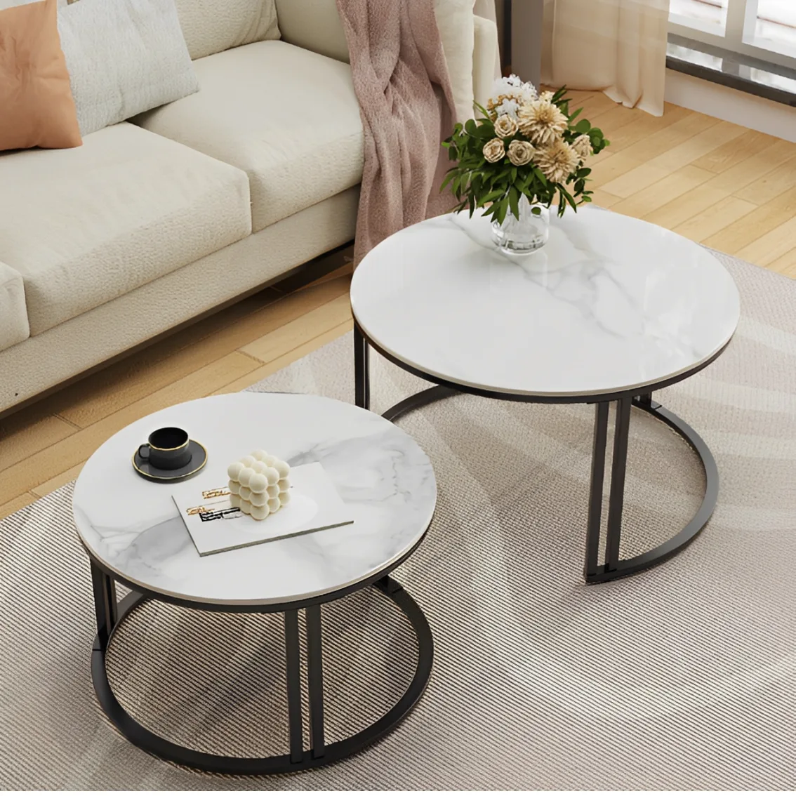 Mobila - Set 2 masute pentru cafea, marimi diferite, structura metalica, blat MDF, model marmura, Negru/Alb, 70 x 43.5 cm, 50 x 39.5 cm