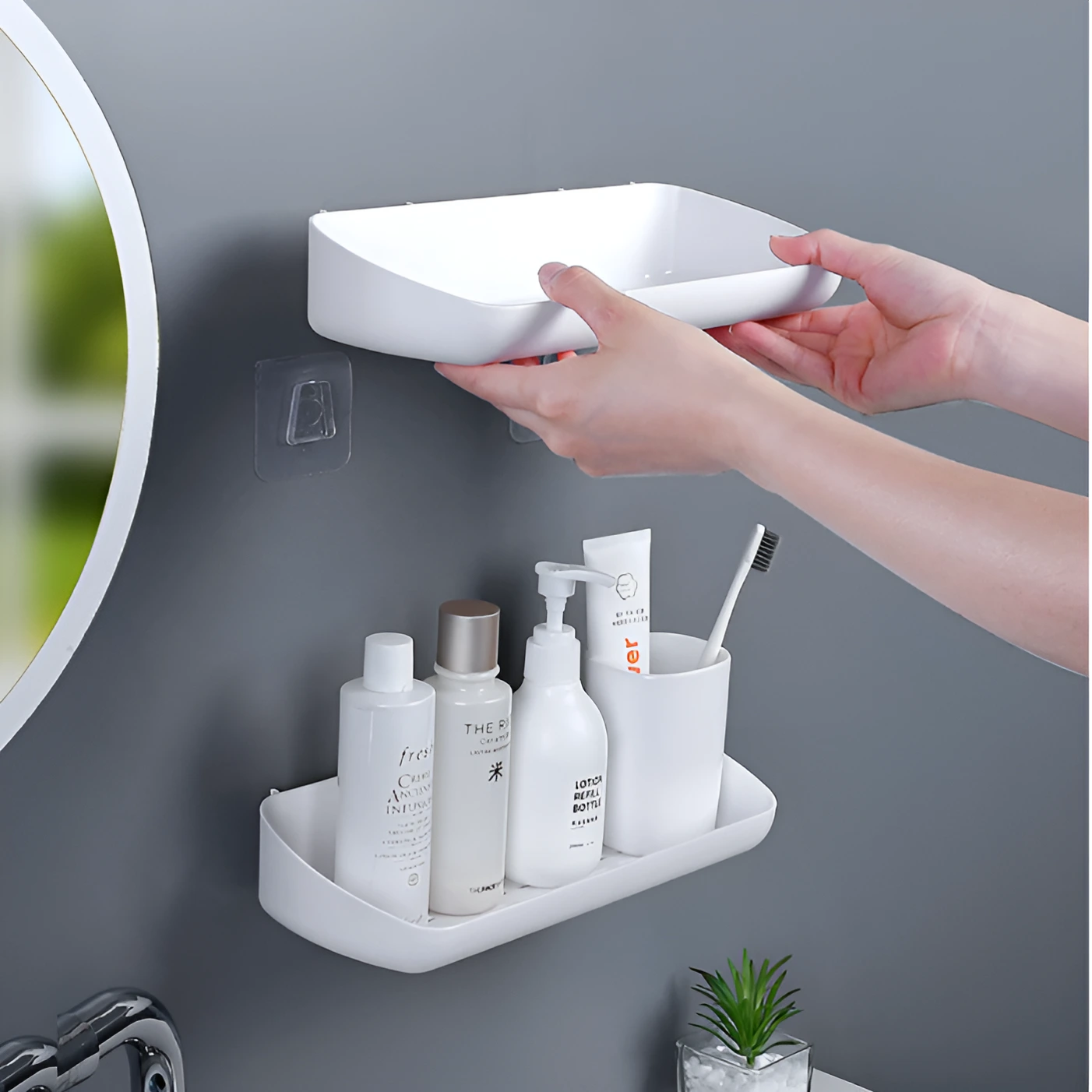 Set 2 rafturi dreptunghiulare, autoadezive, din plastic, pentru baie, Alb, 28 x 13 x 5.5 cm [3]