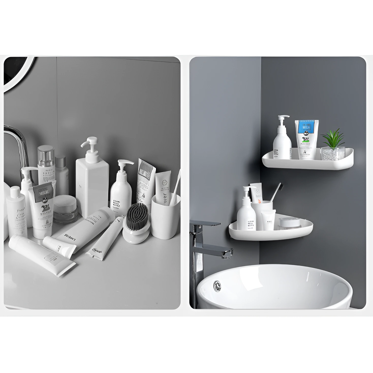 Set 2 rafturi dreptunghiulare, autoadezive, din plastic, pentru baie, Alb, 28 x 13 x 5.5 cm [2]