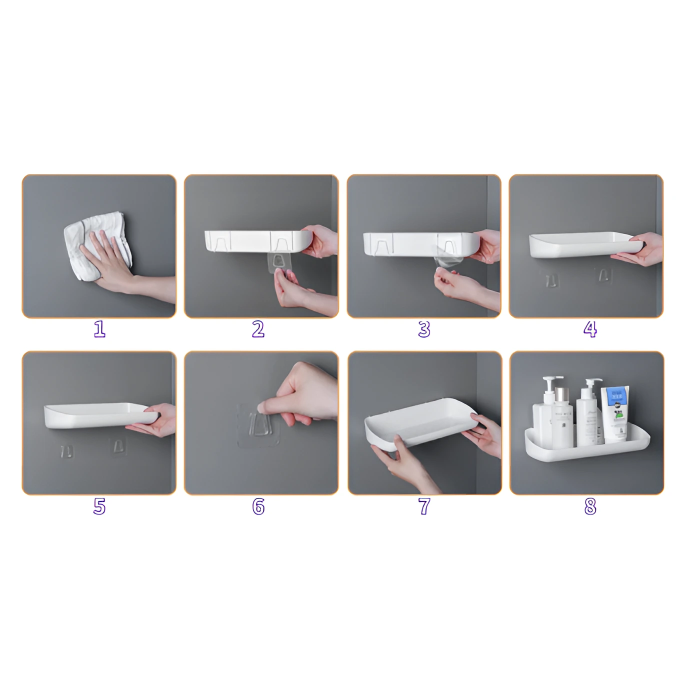 Set 2 rafturi dreptunghiulare, autoadezive, din plastic, pentru baie, Alb, 28 x 13 x 5.5 cm [4]