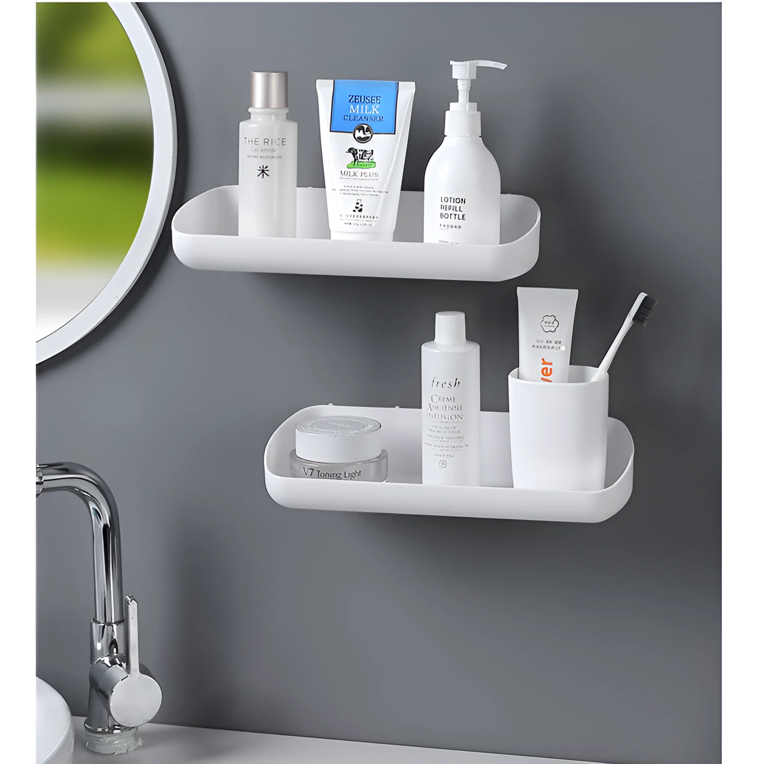 Baie - Set 2 rafturi dreptunghiulare, autoadezive, din plastic, pentru baie, Alb, 28 x 13 x 5.5 cm
