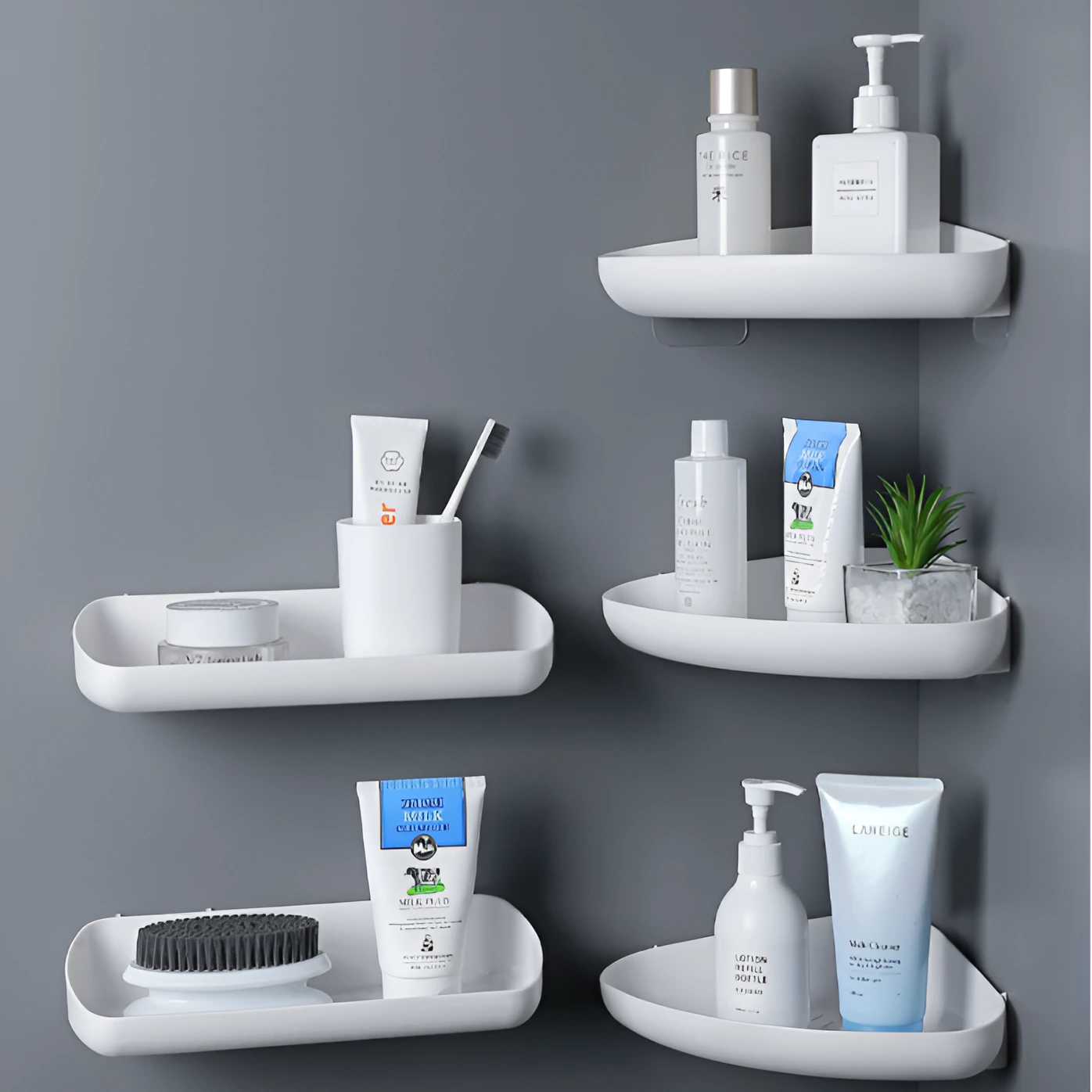 Set 2 rafturi triunghiulare de colt, autoadezive, din plastic, pentru baie, Alb, 26.5 x 20 x 5.5 cm [4]