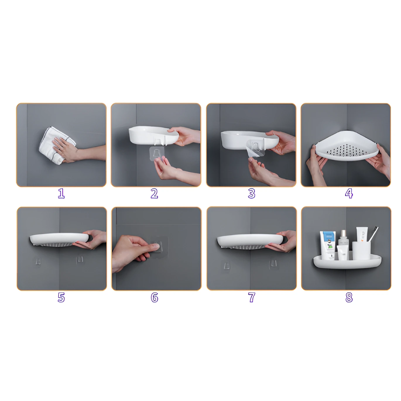 Set 2 rafturi triunghiulare de colt, autoadezive, din plastic, pentru baie, Alb, 26.5 x 20 x 5.5 cm [3]