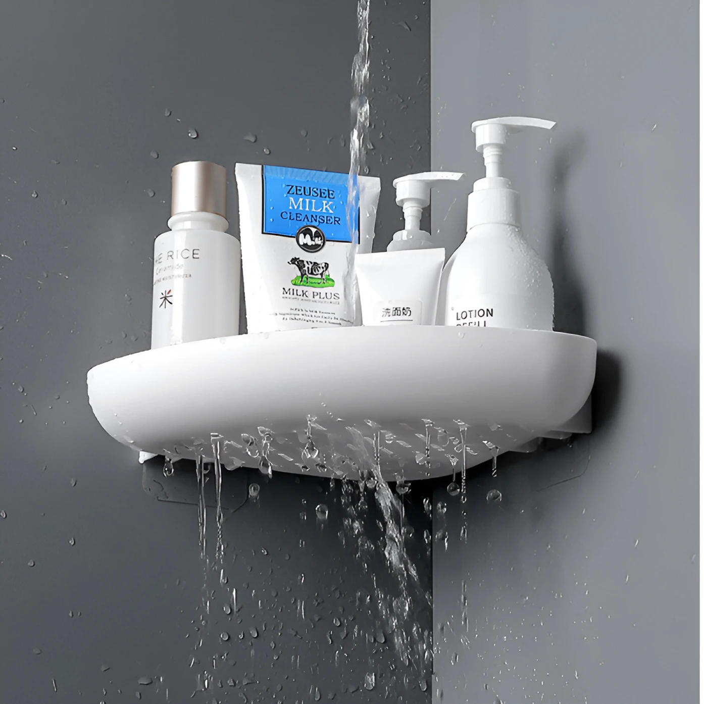 Set 2 rafturi triunghiulare de colt, autoadezive, din plastic, pentru baie, Alb, 26.5 x 20 x 5.5 cm [1]