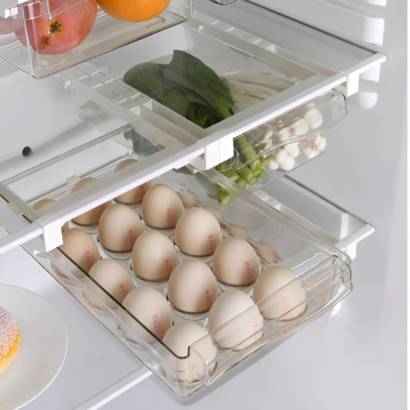 Organizare - Set 2 recipiente pentru depozitarea alimentelor, prindere de raftul frigiderului, Transparent, 30 x 19.8 x 9.5 cm