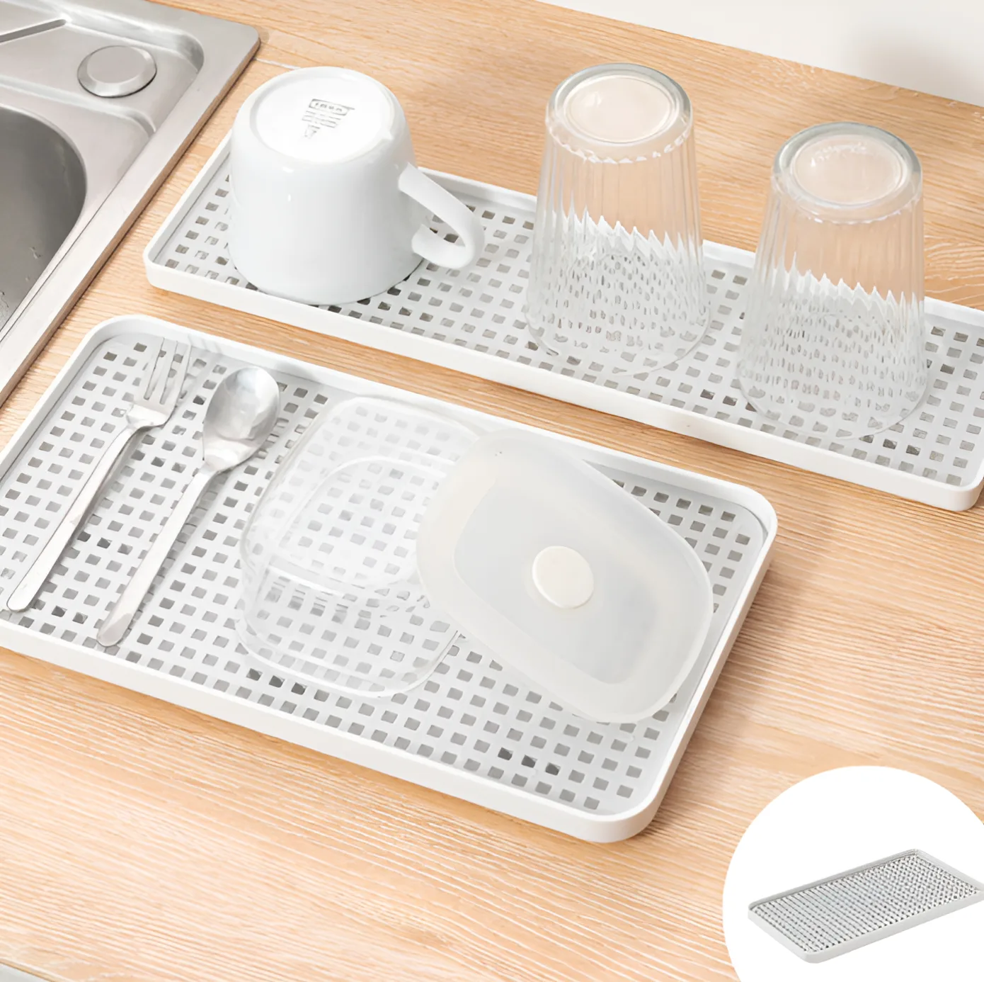 Organizare - Set 2 suporturi pentru scurgerea paharelor, dimensiuni diferite, Alb