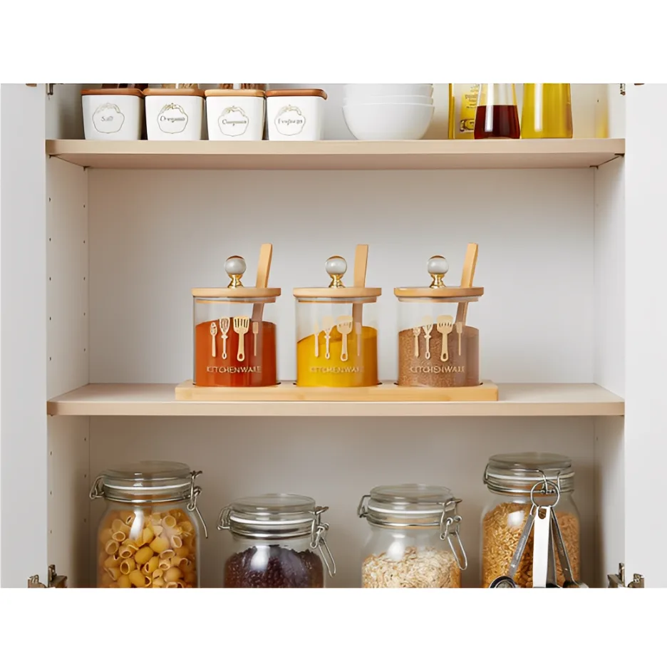 Set 3 borcane din sticla pentru condimente, cu capac din bambus, lingurita si suport din bambus, Transparent/Bej, 200 ml [2]