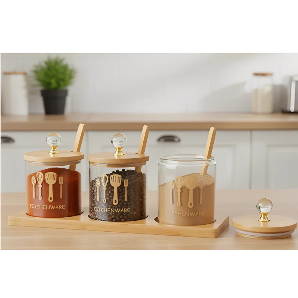 Borcane - Set 3 borcane din sticla pentru condimente, cu capac din bambus, lingurita si suport din bambus, Transparent/Bej, 200 ml