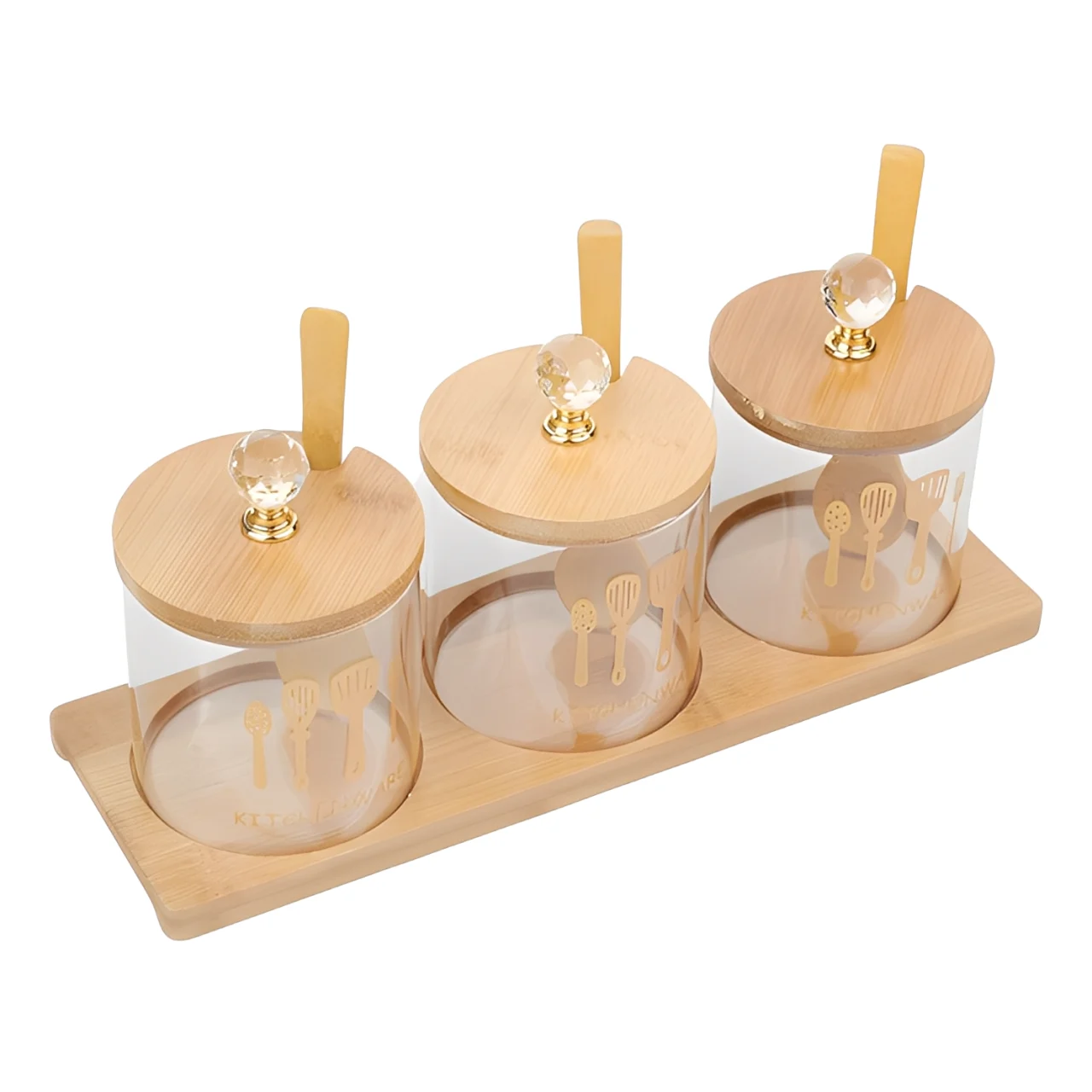 Set 3 borcane din sticla pentru condimente, cu capac din bambus, lingurita si suport din bambus, Transparent/Bej, 200 ml [5]