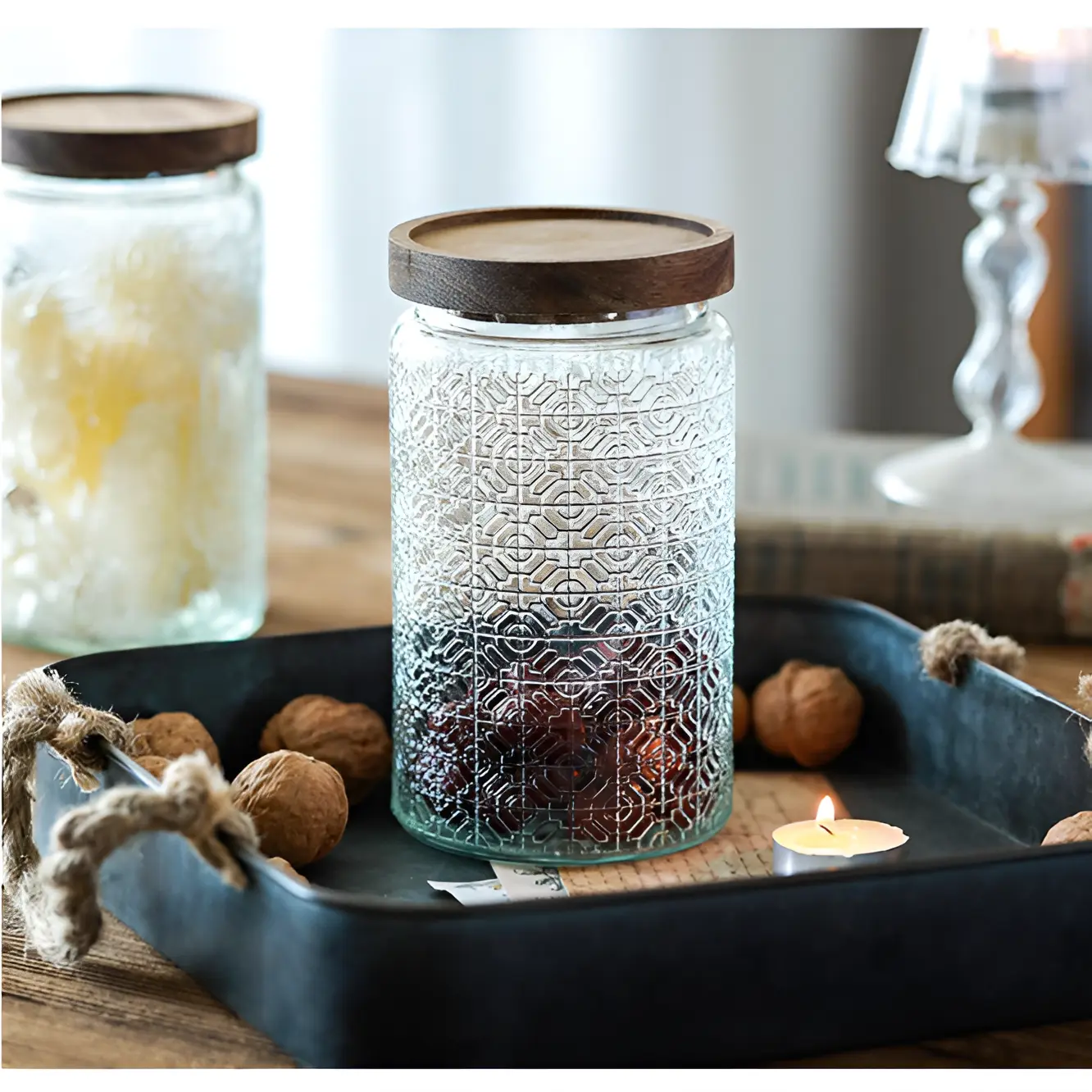 Set 3 borcane pentru condimente, marimi diferite, sticla, PVC, organizatoare, Transparent/Maro, 600/700/1500 ml [3]