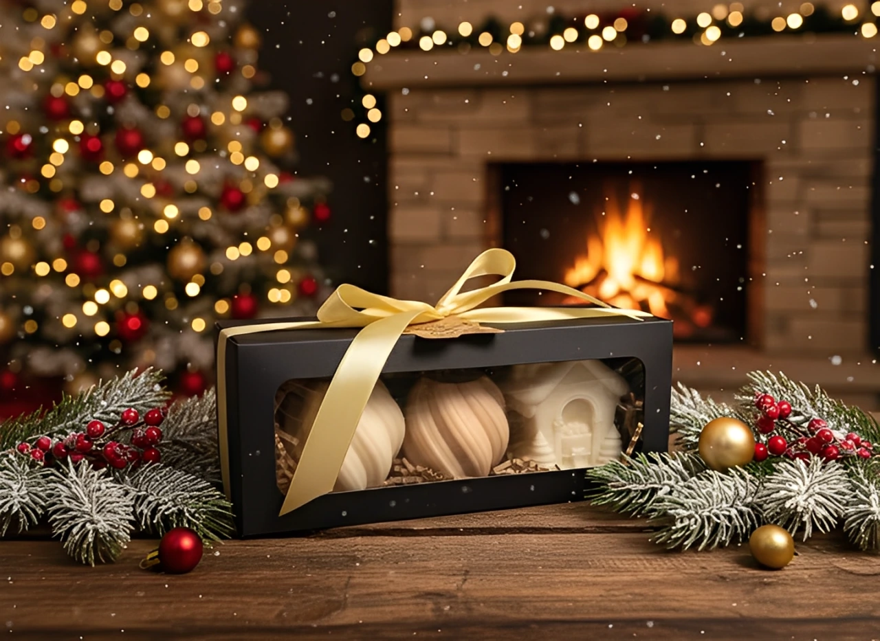 Set 3 lumanari parfumate, HANDMADE, ceara naturala din soia, fitil din bumbac, Globuri si Casa, 7.5 cm