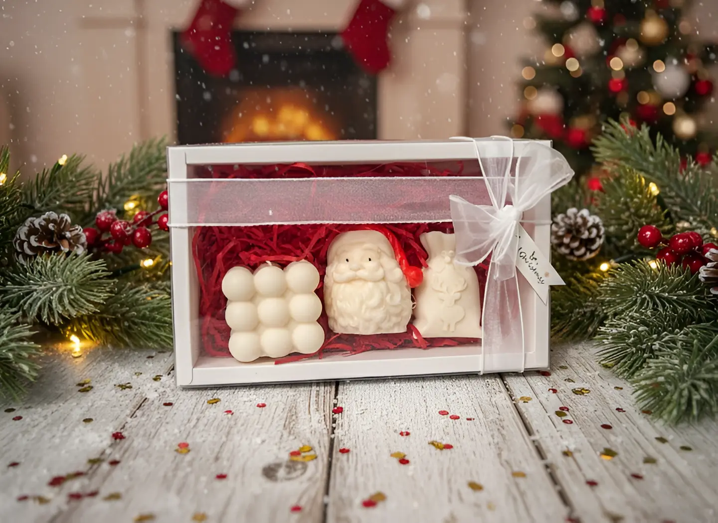 Lumanari parfumate si figurine ceramica - Set 3 lumanari parfumate, HANDMADE, ceara naturala din soia, fitil din bumbac, Sac, Mos Craciun si Cub, 7.5 cm