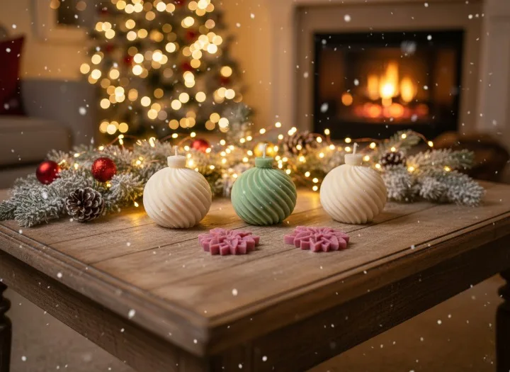 Set 3 lumanari parfumate tip glob, 2 decoratiuni din ceara, HANDMADE, ceara naturala din soia, fitil din bumbac, 7 cm [1]