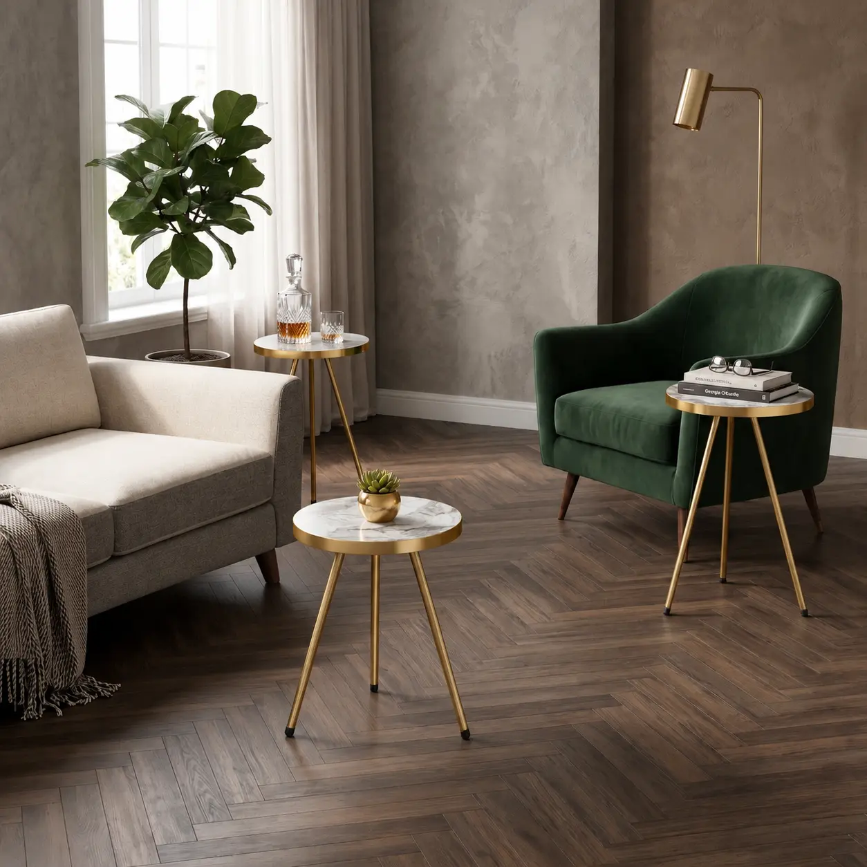 Set 3 masute pentru cafea, inaltimi diferite, structura metalica, blat MDF, model marmura, Auriu/Alb, 40 x 52 cm, 40 x 47 cm, 40 x 42 cm [1]