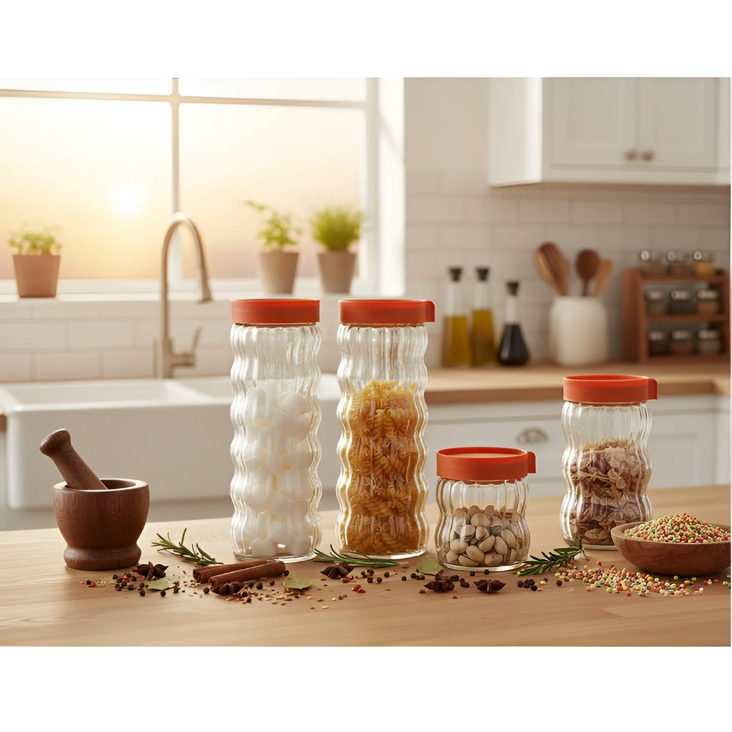 Organizare - Set 4 borcane pentru condimente, marimi diferite, sticla, PVC, organizatoare, Transparent/Rosu, 450/650/1200/1200 ml