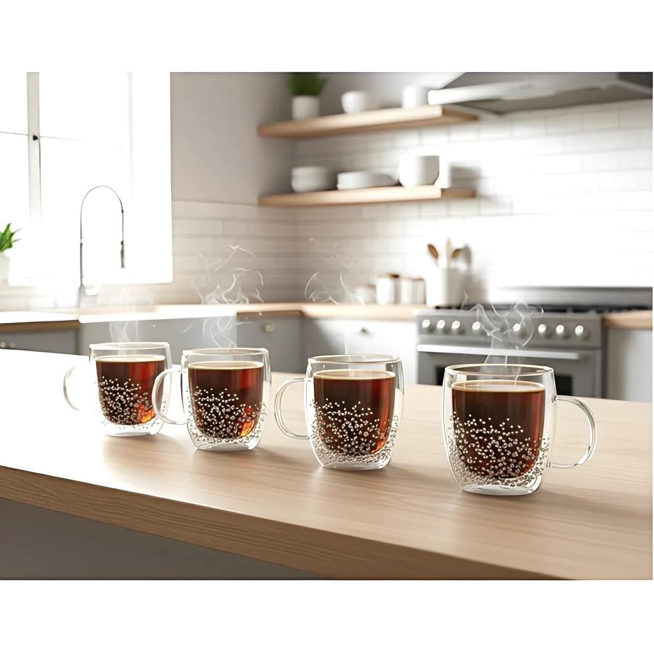 Cani - Set 4 cani cu pereti dubli,cu pietricele albe, din sticla, termorezistente, Transparent, 350 ml