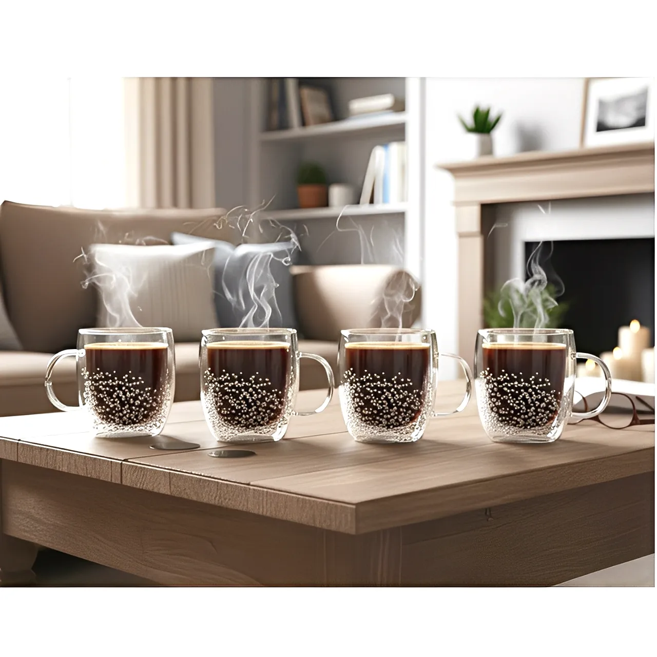 Set 4 cani cu pereti dubli,cu pietricele albe, din sticla, termorezistente, Transparent, 350 ml [1]