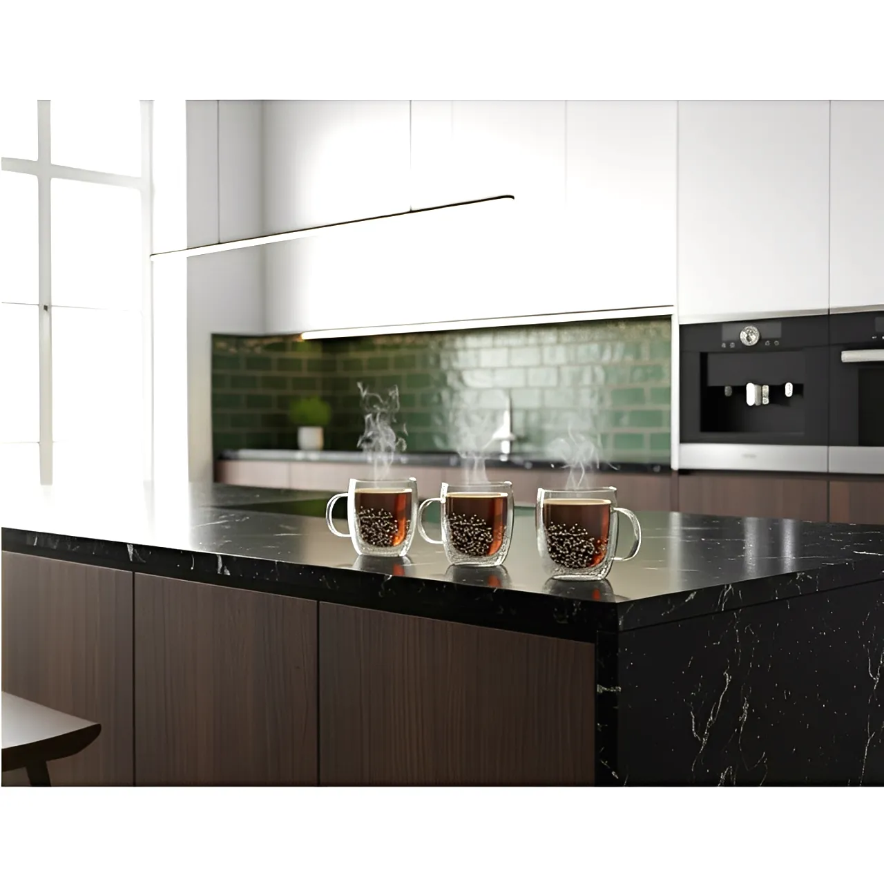 Set 4 cani cu pereti dubli,cu pietricele albe, din sticla, termorezistente, Transparent, 350 ml [4]