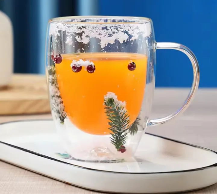 Set 4 cani cu pereti dubli, model de Craciun, din sticla, termorezistente, Transparent, 330 ml [2]