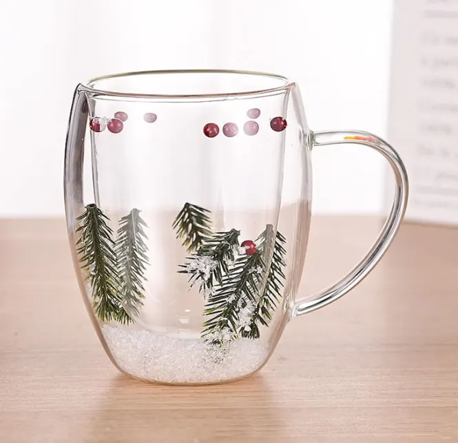 Set 4 cani cu pereti dubli, model de Craciun, din sticla, termorezistente, Transparent, 330 ml [3]