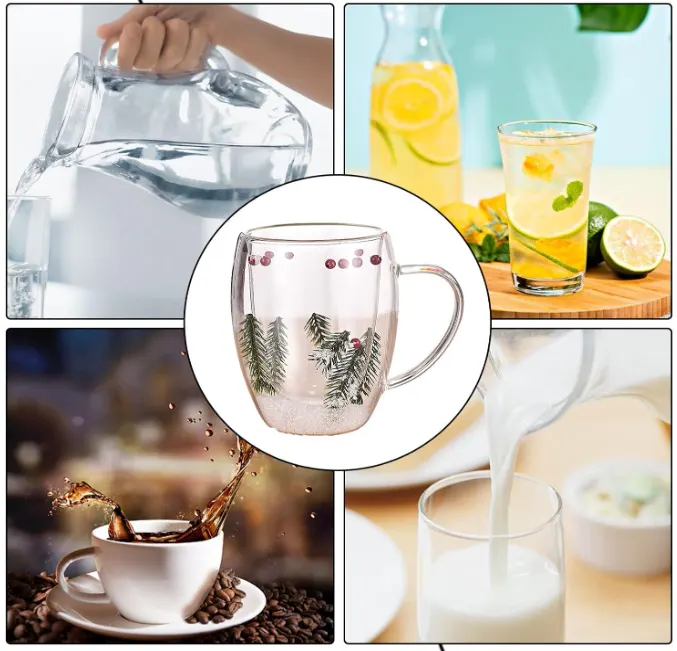 Set 4 cani cu pereti dubli, model de Craciun, din sticla, termorezistente, Transparent, 330 ml [5]