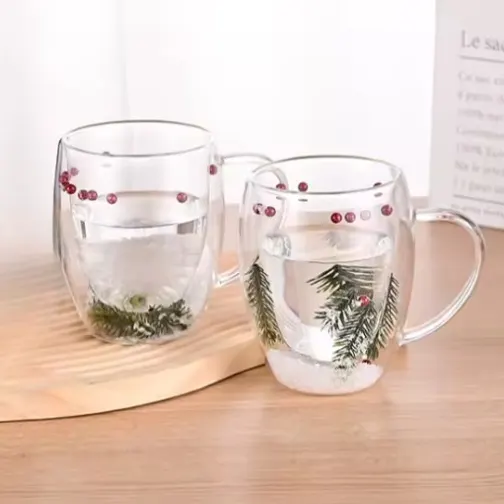 Set 4 cani cu pereti dubli, model de Craciun, din sticla, termorezistente, Transparent, 330 ml [4]