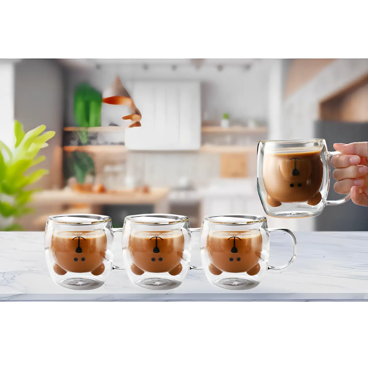 Cani - Set 4 cani cu pereti dubli, model ursulet, termorezistente, Transparent, 260 ml