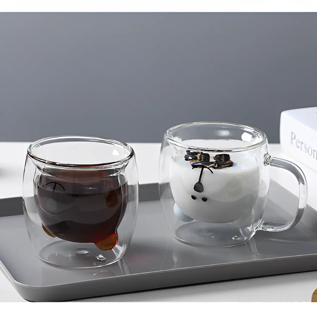 Set 4 cani cu pereti dubli, model ursulet, termorezistente, Transparent, 260 ml [3]